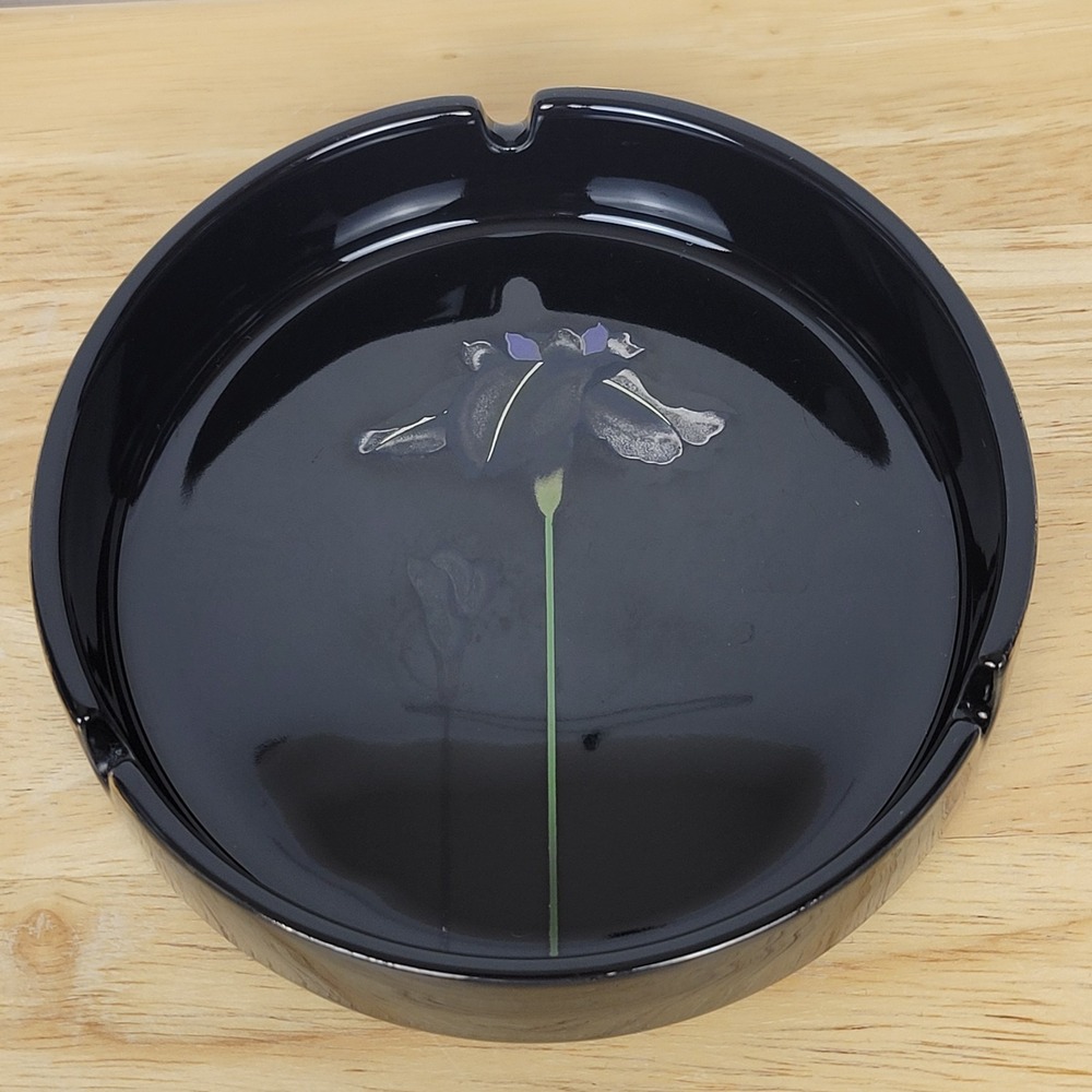 Otagiri Golden Iris Ashtray Trinket Dish Catchall Black Japanese Art Vintage MCM